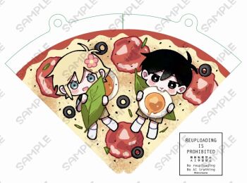  2boys :t antenna_hair basil_(faraway)_(omori) basil_(omori) black_eyes black_hair blonde_hair blue_eyes blush bright_pupils brown_shorts closed_mouth commentary_request double-parted_bangs fried_egg green_sweater_vest hair_between_eyes holding holding_leaf kiimorisame leaf looking_at_viewer male_focus mini_person miniboy multiple_boys omori open_mouth sample_watermark shirt short_hair short_sleeves shorts sidelocks smile socks sunny_(omori) sweater_vest watermark white_pupils white_shirt white_socks 