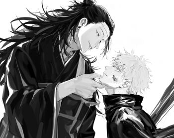  2boys 99round absurdres blood blood_on_face commentary_request eye_contact eyelashes from_side getou_suguru getou_suguru_(kenjaku) gojou_satoru greyscale hair_pulled_back hand_on_another's_chin highres jujutsu_kaisen jujutsu_tech_uniform kesa long_hair looking_at_another male_focus monochrome multiple_boys plug_(piercing) short_hair stitched_forehead stitches teeth upper_body 
