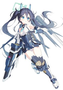  1girl absurdres aris_(blue_archive) aris_(mecha_suit)_(blue_archive) blue_archive blue_eyes breasts commentary_request gun halo highres leotard long_hair mecha_musume official_alternate_costume sleeveless small_breasts supersugar twintails underwear weapon 