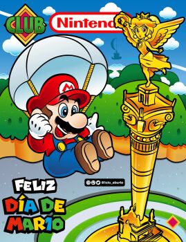  1boy 1girl :d angel angel_wings blue_eyes blue_overalls brown_hair castle cloud commentary_request copyright_name cover crown dress earrings facial_hair fake_magazine_cover falling from_above gloves happy hat highres holding holding_crown jewelry laurel_crown lolo_aburto magazine_cover mario mario_(series) mario_day mexico mexico_city monument mustache nintendo odyssey_(super_mario_odyssey) open_mouth overalls parachute photo-referenced princess_peach red_shirt shirt silhouette sky smile spanish_commentary spanish_text sphere_earrings statue super_mario_bros._1 teeth tree white_gloves wings 