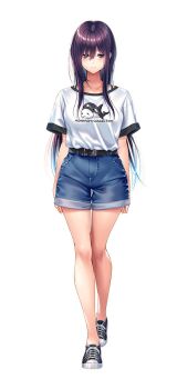 1girl amakano_2 arms_at_sides breasts closed_mouth collarbone denim denim_shorts full_body green_eyes hair_between_eyes himiyama_rei long_hair looking_at_viewer no_socks official_art piromizu purple_hair shirt short_sleeves shorts simple_background solo standing t-shirt tachi-e transparent_background white_shirt