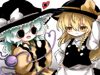  2girls apron black_eyes black_hat black_vest blonde_hair bow braid buttons diamond_button eyeball frilled_shirt_collar frilled_sleeves frills green_hair hair_bow hat hat_bow hat_ribbon headwear_switch heart heart_of_string heripantomorrow kirisame_marisa komeiji_koishi long_hair multiple_girls ribbon shirt side_braid single_braid smile third_eye touhou vest waist_apron white_bow white_shirt witch_hat yellow_eyes yellow_ribbon yellow_shirt 