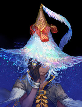  artist_name black_background black_gloves bracelet character_request closed_mouth clothing_request commentary dark_skin english_commentary gender_request gloves glowing glowing_eyes gold_trim hand_on_own_face hat highres jewelry looking_at_viewer making-of_available medium_hair one_eye_covered silver_bracelet solo straight-on tongari_boushi_no_atelier two-tone_hat upper_body watermark web_address white_hair white_hat witch_hat yellow_eyes yuumei 