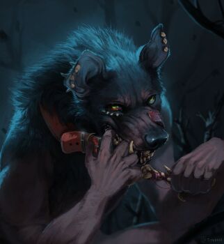  1boy absurdres animal_ear_piercing backlighting bloodshot_eyes bone chewing claws collar dark extra_teeth furry furry_male green_eyes highres holding holding_bone leash male_focus original solo toebeez tongue tongue_out upper_body wolf_boy 