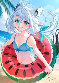  1girl :d ahoge animal_ear_piercing animal_ears aqua_bikini aqua_eyes beach bikini blurry blurry_background braid breasts commentary_request day double-parted_bangs extra_ears floating_hair fox_ears fox_girl fox_tail front-tie_bikini_top front-tie_top grin hair_between_eyes hair_ribbon highres holding holding_swim_ring hololive innertube long_hair looking_at_viewer low_ponytail momone_cco navel open_mouth outdoors pentagram ponytail ribbon shirakami_fubuki side_braid small_breasts smile solo stomach swim_ring swimsuit tail virtual_youtuber white_hair 