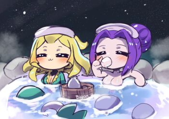 2girls :3 biyon_tran black_sky blonde_hair blush bottle breasts cassiopeia_(league_of_legends) chibi chibi_only choko_(cup) closed_mouth colored_skin commentary cup drinking english_commentary green_skin hair_bun holding holding_cup large_breasts league_of_legends medium_hair mermaid monster_girl multiple_girls nami_(league_of_legends) night nude onsen outdoors purple_hair relaxing sake_bottle single_hair_bun sky star_(sky) towel towel_on_head 