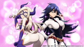  2girls artist_request ass black_hair blonde_hair bodysuit boku_no_hero_academia breasts closed_mouth female_focus large_breasts looking_at_viewer midnight_(boku_no_hero_academia) mount_lady multiple_girls official_art one_eye_closed smile  rating:Sensitive score:57 user:Tempest_104