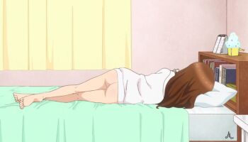  1girl ass barefoot bed book bookshelf bottomless brown_hair facing_away feet from_behind highres indoors karakai_jouzu_no_takagi-san legs loli long_hair lying on_bed phone soles takagi-san third-party_edit toes  rating:Questionable score:138 user:bob331
