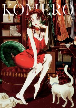  1girl :o absurdres alternate_costume anjo_nala bare_legs barefoot boots breasts brown_hair cat cleavage closet collar commentary_request curled_horns dress full_body green_horns green_tail hakyusiku hand_up highres horns lizard_tail long_hair looking_at_viewer low_horns nail_polish on_stool open_mouth pink_eyes red_collar red_dress red_nails reverse:1999 short_dress sitting sleeveless sleeveless_dress solo spaghetti_strap stool tail toenail_polish toenails unworn_boots unworn_dress white_cat 