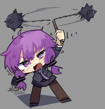  1girl @_@ ball_and_chain_(weapon) black_jacket black_pantyhose black_shoes black_skirt blush_stickers chibi chibi_only commentary_request full_body grey_background highres holding holding_weapon jacket konohoshi layered_sleeves long_sleeves motion_lines necktie open_mouth pantyhose pencil_skirt purple_eyes purple_hair purple_necktie shoes short_hair_with_long_locks simple_background skirt solo standing v-shaped_eyebrows vocaloid voiceroid weapon yuzuki_yukari 