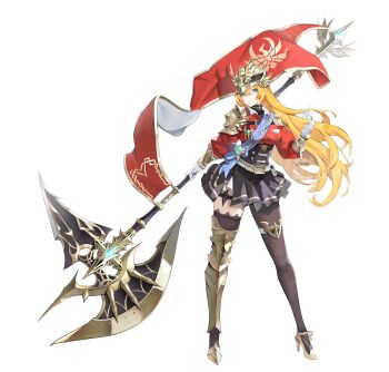  absurdres asymmetrical_legwear black_skirt black_thighhighs blonde_hair blue_eyes collared_shirt commentary cuisses dress_shirt english_commentary flag gloves hair_between_eyes halberd helmet highres holding holding_behind_back holding_polearm holding_polearm_behind_back holding_weapon holding_weapon_behind_back jeongxsian long_hair looking_at_viewer miniskirt pleated_skirt polearm red_flag red_shirt shirt skindentation skirt thigh_strap thighhighs very_long_hair weapon white_background white_gloves winged_helmet 