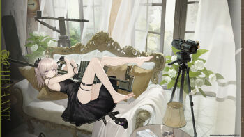  1girl absurdres ahoge anti-materiel_rifle ass barefoot black_bow black_dress black_gloves bolt_action bow camera cheyanne_(girls'_frontline_2) cheyanne_(maiden_debut)_(girls'_frontline_2) cheytac_m200 chinese_commentary clock commentary_request copyright_notice couch dress feet feet_up full_body girls'_frontline girls'_frontline_2:_exilium gloves gun hair_bow high_heels highres holding holding_gun holding_weapon knees_up lamp legs looking_at_viewer lying m200_(girls'_frontline) magazine_(weapon) official_alternate_costume official_alternate_hairstyle official_art official_wallpaper on_back on_couch plant ponytail potted_plant purple_eyes rifle shoes sidelocks sleeveless sleeveless_dress sniper_rifle solo spaghetti_strap thigh_strap unworn_shoes weapon window 