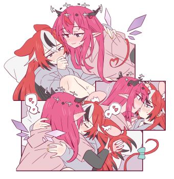  2girls animal_ears black_hair blue_eyes blush closed_eyes commentary english_commentary eye_contact french_kiss hakos_baelz halo heart heterochromia highres hololive irys_(hololive) kiss long_hair looking_at_another mouse_ears mouse_tail multiple_girls multiple_views pink_hair pointy_ears purple_wings ramphastostella red_eyes red_hair spoken_heart tail virtual_youtuber white_hair white_halo wings yuri 