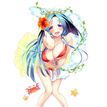 1girl bikini blue_eyes blue_hair breasts crab flower forehead giuniu gold_tiara green_sarong hair_behind_ear hair_flip hair_flower hair_ornament hibiscus large_breasts leaning_forward long_hair parted_bangs red_bikini sarong see-through_clothes see-through_sarong smile starfish sunglasses swimsuit uchi_no_hime-sama_ga_ichiban_kawaii vivienne_(uchihime) yellow_sarong 