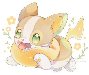  commentary fangs full_body gen_8_pokemon green_eyes highres iwasi_29 nintendo no_humans open_mouth pokemon pokemon_(creature) pokemon_focus simple_background skin_fangs solo tongue tongue_out twitter_username watermark white_background yamper 