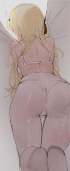 1girl absurdres ass back bare_shoulders blonde_hair blush bra breasts covering_privates embarrassed feet flying_sweatdrops from_behind hair_ornament highres long_hair open_mouth panties pantyhose phoebe_(wuthering_waves) sketch solo sweat underwear white_bra white_panties white_pantyhose wuthering_waves x_hair_ornament xaea_xp rating:Sensitive score:212 user:danbooru