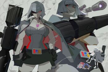  2girls all_fours arm_cannon belt black_boots black_gloves bob_cut boots breasts cleavage commentary commentary_request covering_head cropped_legs crossed_arms decepticon english_commentary from_behind from_below frown genderswap genderswap_(mtf) gloves glowing glowing_eyes grey_jacket gun highres humanization jacket jacket_on_shoulders kotobukiya_bishoujo large_breasts looking_at_viewer medium_breasts megatron megatron_(kotobukiya_bishoujo) miniskirt multiple_girls personification qosic red_eyes signature skirt smoke standing starscream starscream_(kotobukiya_bishoujo) transformers weapon 