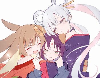  3girls animal_ears black_hair blonde_hair blush cho_kaguya-hime! closed_eyes fox_ears green_eyes hashtag-only_commentary highres hug japanese_clothes kaguya_(cho_kaguya-hime!) kimono long_hair multiple_girls open_mouth rabbit_ears runami_yachiyo sakayori_iroha um5pd white_hair 