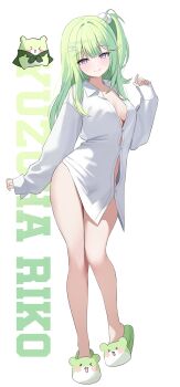  1girl absurdres alternate_hairstyle bare_legs breasts button_gap character_name chico_(yuzuha_riko) cleavage closed_mouth collared_shirt commentary_request dress_shirt full_body green_hair hair_ornament hairclip highres korean_commentary long_hair long_sleeves looking_at_viewer medium_breasts multicolored_hair naked_shirt nannung one_side_up pom_pom_(clothes) pom_pom_hair_ornament purple_eyes shirt simple_background slippers smile solo stellive streaked_hair thighs virtual_youtuber white_background white_shirt yuzuha_riko 