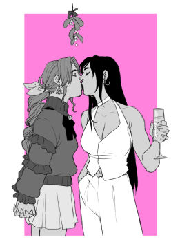  2girls aerith_gainsborough arms_behind_back bare_shoulders bell black_hair border braid braided_ponytail breasts champagne_flute choker christmas_tree_earrings cleavage closed_eyes cowboy_shot cup drinking_glass earrings final_fantasy final_fantasy_vii fingernails hair_ribbon hand_in_pocket hashtag-only_commentary highres holding holding_cup hoop_earrings jewelry kaciart kiss large_breasts long_fingernails medium_breasts midriff_peek miniskirt mistletoe monochrome multiple_girls navel neck_bell neck_ribbon own_hands_clasped own_hands_together pants parted_bangs pink_background pleated_skirt ribbon sidelocks single_braid skirt sweater tifa_lockhart vest white_border white_choker white_pants white_vest yuri 
