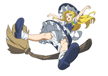  1girl apron blonde_hair bloomers blue_shoes blue_skirt blue_vest braid broom commentary_request frills full_body green_eyes gyouza_(mhea5724) hat highres kirisame_marisa legs long_hair looking_at_viewer open_mouth shoes short_sleeves skirt socks solo teeth thighs touhou underwear upper_teeth_only vest white_background white_bloomers white_socks witch_hat 