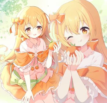  1girl :d :q blush bow closed_mouth collared_shirt commentary_request commission cowboy_shot food frilled_skirt frills fruit hair_between_eyes hair_bow highres holding holding_food holding_orange long_hair momoe_moko open_mouth orange_(fruit) orange_bow orange_hair orange_skirt original shirt short_sleeves skeb_commission skirt smile tongue tongue_out white_shirt yellow_eyes 