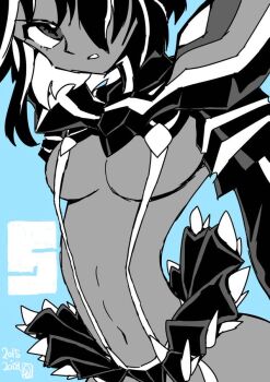  1girl belly blue_background breasts commentary_request dated hair_over_one_eye imaishi_hiroyuki kill_la_kill living_clothes looking_at_viewer matoi_ryuuko medium_breasts microskirt monochrome multicolored_hair navel numbered official_art revealing_clothes senketsu short_hair signature simple_background skin_tight skirt solo spiked_skirt stomach streaked_hair suspenders two-tone_hair underboob 