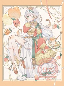  1girl 24sz24 blonde_hair boobplate breastplate brooch cake coat colored_tips commentary_request commission dress earrings food fruit gem gold_choker green_eyes highres indie_virtual_youtuber jewelry long_hair looking_at_viewer mango multicolored_hair open_clothes open_coat orange_coat orange_gem orange_shoes pointy_ears sample_watermark shoes smoothie solo tiara urushimori_hasu_(vtuber) virtual_youtuber watermark white_dress white_hair yellow_coat 