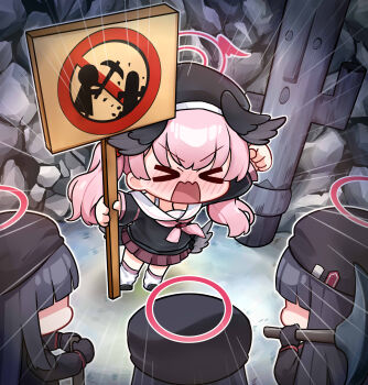  >_< 4girls absurdres black_hat blue_archive blush chibi derivative_work duel_monster emphasis_lines faceless faceless_female gnomaterial halo hat highres holding holding_pickaxe holding_sign justice_task_force_member_(blue_archive) koharu_(blue_archive) maomaoquing mine_(place) multiple_girls parody pickaxe pink_hair shouting sign solo_focus standing yu-gi-oh!  rating:General score:13 user:danbooru