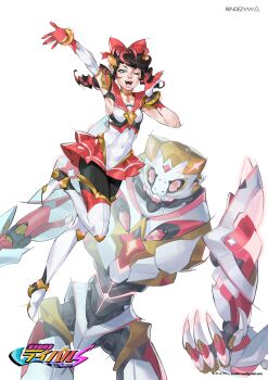  1girl ;d alternate_costume arm_up artist_name asymmetrical_gloves bishoujo_senshi_sailor_moon bishoujo_senshi_sailor_moon_s black_hair black_pantyhose blue_eyes boots bow commentary_request covered_navel drill_hair elbow_gloves email_address full_body gloves glowing gold_choker hair_bow looking_at_viewer low_twintails magical_girl marvel marvel_rivals mecha multicolored_hair one_eye_closed open_mouth pantyhose parody peni_parker pink_bow pink_skirt pink_streaks pleated_skirt robot sailor_collar single_elbow_glove skirt smile sp//dr spider-man_(series) spider-verse spider_web_print thigh_boots title_parody twin_drills twintails vvv_rendez white_background white_boots white_gloves 