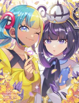  2girls aqua_hair bandeau belt black_dress black_hair black_mask blonde_hair blue_eyes blue_gloves blunt_bangs blush bob_cut breasts canari_(pokemon) closed_mouth coat collarbone commentary_request criss-cross_straps dark-skinned_female dark_skin dress finger_heart flower gloves gradient_hair gwynn_(pokemon) hat heart highres jacket long_sleeves looking_at_viewer mask mask_pull matsurika_youko mega_stone mouth_mask multicolored_hair multiple_girls nintendo o-ring o-ring_belt one_eye_closed open_clothes open_coat parted_lips partially_fingerless_gloves pokemon pokemon_legends:_z-a purple_eyes purple_hair short_hair smile split-color_hair sports_bra twintails two-tone_hair two-tone_mask white_coat yellow_bandeau yellow_jacket yellow_mask yellow_nails yellow_sports_bra 