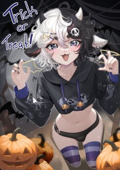  >:d 1boy :3 animal_ears bat_(animal) bat_wings black_hair black_nails black_panties blush bulge claw_pose crossdressing crossdressing_(mtf) curly_hair dark_background dead_tree earrings eyelashes fang goat_ears goat_horns hair_between_eyes hair_ornament hairpin halloween highres hood hoodie horns jack-o'-lantern_ornament jewelry looking_at_viewer makeup medium_hair midriff milkyray moon moonlight multicolored_hair narrow_waist navel open_mouth original pale_skin panties pink_eyes pumpkin purple_eyes skull_hair_ornament solo striped_clothes thick_eyebrows thighhighs trap trick_or_treat two-tone_hair underwear v white_hair wings 