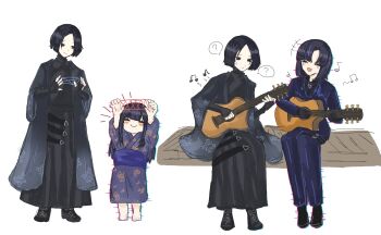  1boy 1girl ? absurdres aged_up araya_(project_moon) arms_up audible_music black_eyes black_hair blue_kimono blue_suit blunt_ends blush boots closed_eyes commentary_request fingerless_gloves formal_clothes glitch gloves guitar hakama highres holding_yarn instrument japanese_clothes kimono laughing limbus_company multicolored_hair music parted_bangs playing_guitar playing_instrument project_moon ren_(project_moon) short_hair sibajirou_jirou sitting smile sound streaked_hair string suit turtleneck yarn 