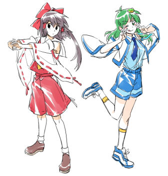  >_o 2girls :q alternate_costume ascot blue_necktie blue_shirt blue_shorts bow brown_hair brown_shoes commentary detached_sleeves double_v frog_hair_ornament green_eyes green_hair hair_bow hair_ornament hair_tubes hakurei_reimu interlocked_fingers kneehighs kochiya_sanae long_hair looking_at_viewer multiple_girls necktie one_eye_closed own_hands_together re_ghotion red_bow red_shorts red_skirt ribbon-trimmed_sleeves ribbon_trim shirt shoes shorts simple_background skirt skirt_set snake_hair_ornament socks tongue tongue_out touhou v white_background white_socks yellow_ascot 