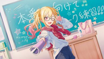 1girl ;d arm_up bag blonde_hair blue_shorts bottle cardigan cardigan_around_neck classroom clothes_around_neck colorful_palette dutch_angle frilled_sleeves frills game_cg glasses gradient_hair hand_up highres holding holding_notebook indoors light_blush looking_at_viewer multicolored_hair musical_note notebook official_art one_eye_closed open_mouth path_made_by_faith_(project_sekai) pink_bag pink_eyes pink_hair project_sekai red_cardigan shirt shorts smile solo sparkle star_(symbol) tenma_saki third-party_source translation_request twintails v-shaped_eyebrows water_bottle wavy_hair white_shirt 