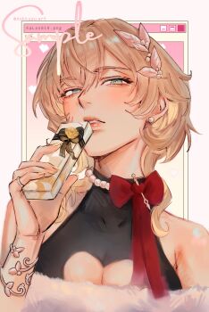  1girl aglaea_(honkai:_star_rail) bare_shoulders black_dress blonde_hair box breasts cleavage cleavage_cutout clothing_cutout commentary dress gift gift_box green_eyes heart_cutout highres holding holding_box honkai:_star_rail honkai_(series) large_breasts looking_at_viewer nokkusuart sample_watermark short_hair solo twitter_username upper_body watermark yellow_nails 