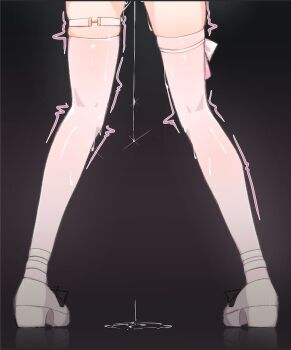  1girl from_behind himemiya_rie legs phase_connect pink_thighhighs pussy_juice pussy_juice_puddle pussy_juice_trail shoes solo standing thigh_strap thighhighs tilt-shift_(azalanz) trembling white_shoes 