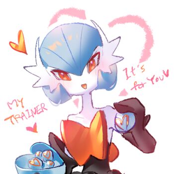  alternate_color black_dress black_gloves blue_hair blush colored_skin commentary dress elbow_gloves gardevoir gen_3_pokemon gloves lowres mega_gardevoir mega_pokemon nintendo orange_eyes pokemon pokemon_(creature) raine_(acke2445) shiny_pokemon smile strapless strapless_dress untranslatable_commentary valentine white_skin 