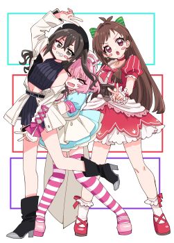  #unicus_(idolmaster) 3girls absurdres ahoge antenna_hair apron aqua_dress aqua_hair black_hat black_shirt black_shoes black_skirt blush_stickers bow breasts brown_eyes brown_hair coat colored_inner_hair dress fanged_bangs green_bow hair_bow hair_intakes hat highres idolmaster idolmaster_cinderella_girls idolmaster_cinderella_girls_starlight_stage long_hair looking_at_viewer medium_hair multicolored_hair multiple_girls nurse_cap one_side_up open_mouth pink_dress pink_eyes pink_hair pink_shoes pink_thighhighs shirt shoes short_sleeves skirt smile socks sukoyaka_(100hituzi) sunazuka_akira thighhighs tsujino_akari two-tone_hair two-tone_thighhighs white_apron white_background white_coat white_hat white_socks white_thighhighs yumemi_riamu 