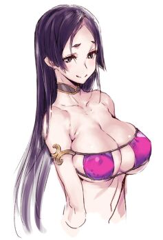  1girl armlet bikini black_choker breasts brown_eyes choker cleavage commentary_request cropped_torso eyepatch_bikini fate/grand_order fate_(series) jewelry kawata_hisashi large_breasts long_hair looking_at_viewer minamoto_no_raikou_(fate) minamoto_no_raikou_(fate/grand_order) minamoto_no_raikou_(swimsuit_lancer)_(fate) minamoto_no_raikou_(swimsuit_lancer)_(third_ascension)_(fate) pink_bikini purple_bikini purple_hair simple_background smile solo swimsuit upper_body very_long_hair white_background 