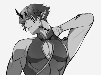  1boy ark1478 arknights arm_behind_head arm_tattoo bara barcode barcode_tattoo bare_shoulders bishounen chinese_clothes cleavage_cutout closed_mouth clothing_cutout commentary_request earrings flamebringer_(arknights) flamebringer_(casual_vacation)_(arknights) greyscale hand_on_own_neck highres horns jewelry looking_at_viewer male_focus material_growth monochrome orange_eyes oripathy_lesion_(arknights) pectoral_cleavage pectorals pointy_ears short_hair simple_background single_horn sleeveless smile solo spot_color tattoo toned toned_male upper_body 