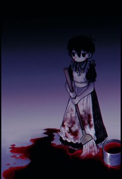  1boy alternate_costume antenna_hair apron black_eyes black_hair blood blood_on_clothes blood_on_face bucket colored_skin commentary double-parted_bangs english_commentary enmaided hair_between_eyes highres holding holding_mop maid maid_apron male_focus mop no_mouth omo_taru omori omori_(omori) pool_of_blood puffy_short_sleeves puffy_sleeves short_hair short_sleeves solo white_skin 