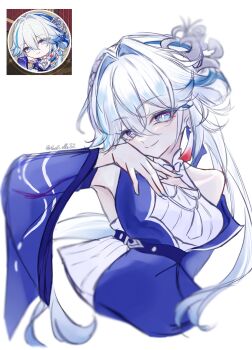  1girl arm_up breasts bright_pupils clothing_cutout commentary_request detached_sleeves earrings groin hair_ornament hairpin highres honkai:_star_rail honkai_(series) jewelry light_smile looking_at_viewer multicolored_eyes multicolored_hair nail_polish off_shoulder official_alternate_costume official_art_inset rael_elle72 single_detached_sleeve single_earring streaked_hair tassel two-tone_eyes white_hair yao_guang_(ethereal_dance)_(honkai:_star_rail) yao_guang_(honkai:_star_rail) 