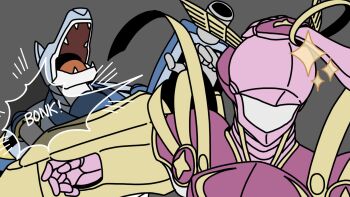 ! 2boys armor artist_request cowboy_shot digimon digimon_(creature) digimon_frontier grey_background helmet highres humiliation injury lordknightmon magnagarurumon meme multiple_boys naoya_hitting_choso_without_looking_(meme) no_humans open_mouth parody pink_armor pink_helmet punching ribbon simple_background sound_effects sparkle violence yellow_ribbon