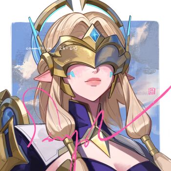  1girl blonde_hair cleavage_cutout clothing_cutout commission covered_eyes eye_mask highres light_smile long_hair low-tied_sidelocks mask mercy_(overwatch) official_alternate_costume overwatch pointy_ears portrait radiant_angel_mercy saki_w33 sidelocks solo 