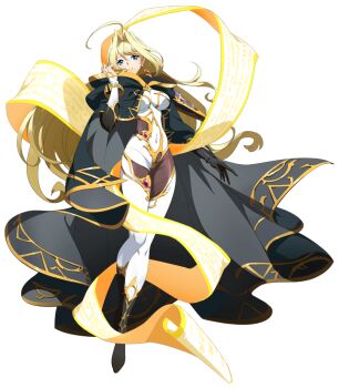  1girl adankelmo_(langrisser) adjusting_clothes ahoge armor asymmetrical_gloves black_boots black_cloak black_gloves blonde_hair blue_eyes bodysuit boots bracelet breasts brown_bodysuit cloak closed_mouth covered_navel earrings floating_clothes floating_hair full_body game_cg gem gloves gold_bracelet gold_trim hagoromo hair_between_eyes hair_intakes hand_over_face head_tilt highres hood hood_down hooded_cloak huge_ahoge impossible_bodysuit impossible_clothes jewelry knee_boots langrisser langrisser_mobile leg_up long_hair long_sleeves looking_at_viewer medium_breasts multicolored_bodysuit official_art pauldrons red_gemstone second-party_source shawl shoulder_armor simple_background single_pauldron skin_tight smile solo standing standing_on_one_leg tachi-e transparent_background very_long_hair white_bodysuit 