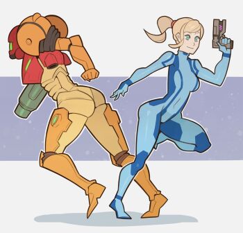  1girl armor ass blonde_hair blue_bodysuit blue_eyes bodysuit breasts cannon covered_navel dual_persona finger_on_trigger flat_color from_side full_body gun high_ponytail highres metroid mole mole_under_mouth nintendo outline outside_border ponytail power_armor power_suit_(metroid) samus_aran shiny_clothes simple_background skin_tight smile splashbrush star_(sky) swept_bangs varia_suit weapon white_background zero_suit  rating:Sensitive score:21 user:danbooru