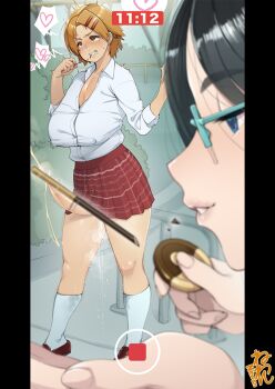  1futa 1girl breasts convenient_censoring cum ejaculation erection food food_in_mouth futanari glasses hair_ornament hairclip huge_breasts neone no_panties original penis penis_peek pocky pocky_day pocky_in_mouth school_uniform short_hair skirt standing  rating:Explicit score:16 user:Qwertyuiop999