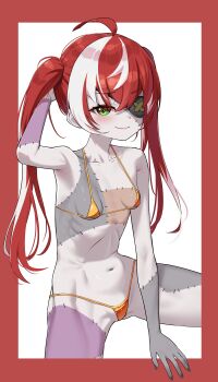  1girl absurdres ahoge alternate_costume armpits bikini breasts closed_mouth colored_skin commentary eyepatch gold_bikini green_eyes highres hololive hololive_indonesia kureiji_ollie long_hair looking_at_viewer micro_bikini multicolored_hair multicolored_skin navel patchwork_skin red_hair small_breasts smile solo stitched_arm stitched_face stitched_leg stitched_torso stitches swimsuit tasty_(dudwofla) twintails virtual_youtuber white_hair zombie 