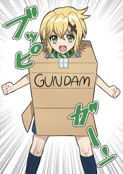  1girl :d absurdres akatsuki_kirika blonde_hair box cardboard_box cardboard_box_gundam clenched_hands commentary_request emphasis_lines green_eyes hair_ornament highres kotou192 looking_at_viewer open_mouth senki_zesshou_symphogear short_hair smile solo sound_effects standing v-shaped_eyebrows white_background x_hair_ornament 